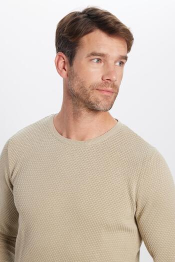 Tudors Men's Slim Fit Slim Fit Crew Neck Honeycomb Print Stone Knitwear Sweater