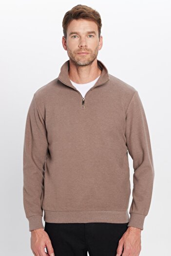 Tudors Φούτερ Unisex Relax Fit Relax Fit με ραβδώσεις με μοτίβο βαμβακερό μισό φερμουάρ καφέ με γιακά