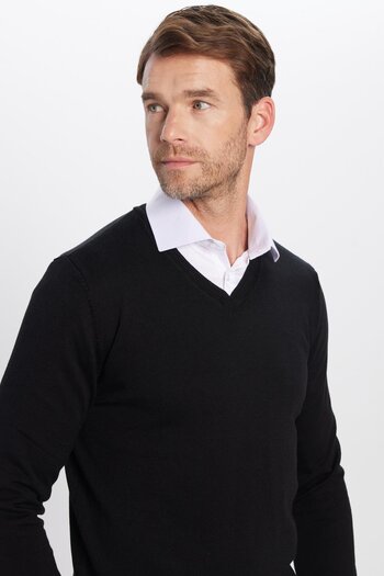 Tudors Men's Standard Fit Regular Cut V-Neck Cotton Black Knitwear Sweater