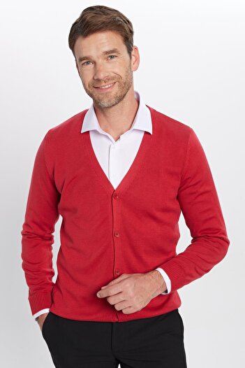 Tudors Men's Slim Fit Buttoned Plain Cotton Red Cardigan