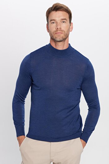 Tudors Men's Slim Fit Slim Fit Half Turtleneck Solid Navy Blue Knitwear Sweater