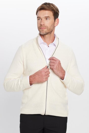 Tudors Men's Slim Fit Patterned Stand Collar Zippered Ecru Cardigan