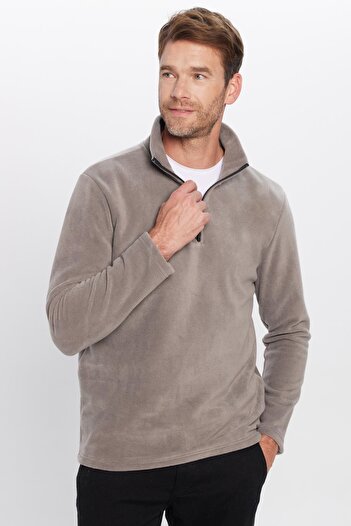 Tudors Unisex Standart Fit Anti-pilling Tüylenme Yapmayan Soğuk Geçirmez Gri Bato Yaka Polar Sweatshirt