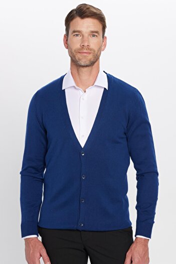Tudors Navy Blue Slim Fit Men's Cardigan - Buttoned and Cotton Plain Cut