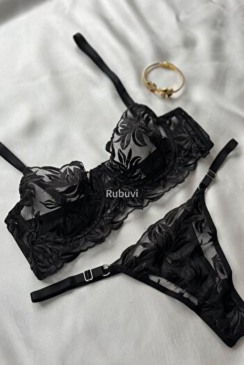 Rubuvi Sutien negru din dantelă pentru femei - Set de rufe cu sârmă trandafir, sutien și chiloți sexy de zestre