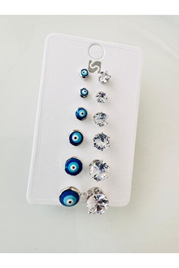 DEVİ fashion Nazar Boncuğu Silver Zirkon Taşlı Çoklu Küpe