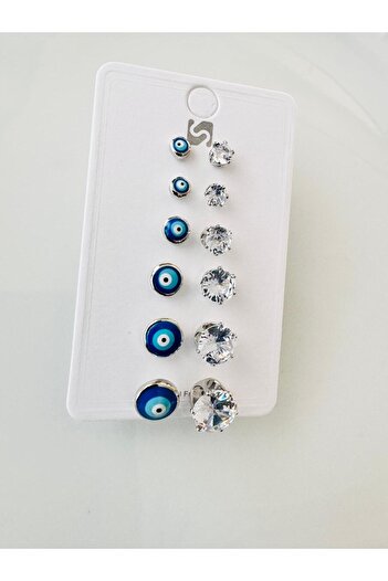 DEVİ fashion Nazar Boncuğu Silver Zirkon Taşlı Çoklu Küpe