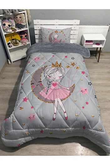 yok yok evim eve dair her şey Welsoft Fluffy Double-Sided Girl Sitting on the Moon Patterned Single Duvet Sleeping Set