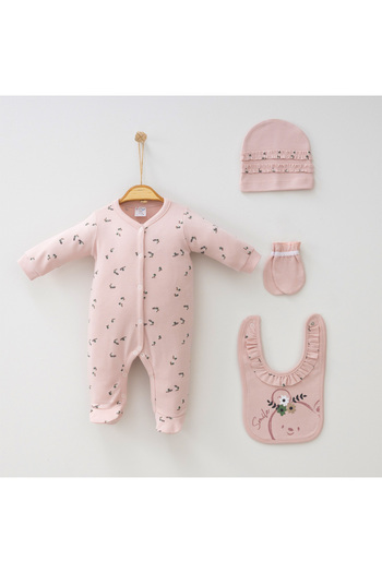 BABYLİM Baby Girl Printed Mini Rabbit Spring 4-Piece Jumpsuit Set 100% Cotton