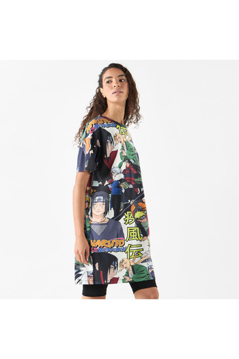 SP Characters All-Over Naruto Print Crew Neck Longline T-shirt with Short Sleeves