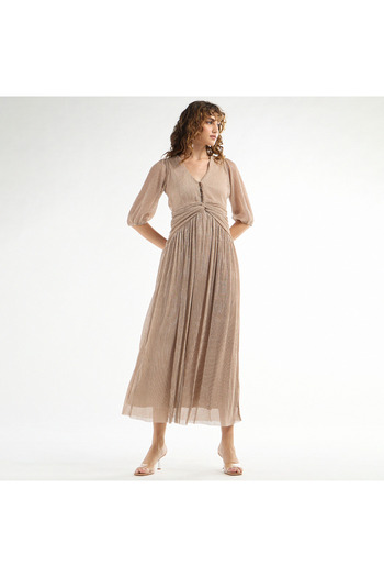 FAV Textured V-neck Dress with 3/4 Sleeves and Knot Detail