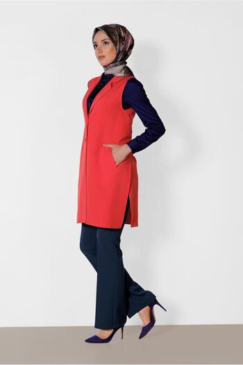 TRENDTESETTÜR Women's Red (POMEGRANATE) Side Slit and Buttoned Front Vest 4185