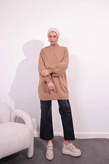 Bold Grup Women's Balloon Sleeve Turtleneck Zippered Collar Knitwear Tunic Sweater