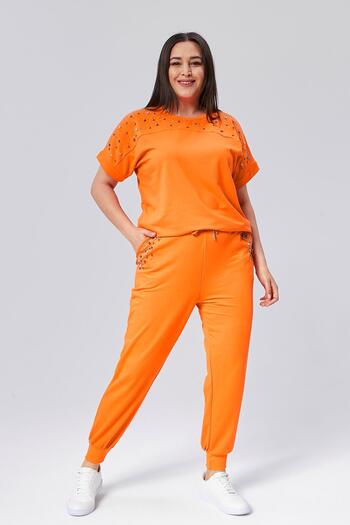 Ebsumu Women's Plus Size Stone and Bead Detailed Short Sleeve Orange Tracksuit Set