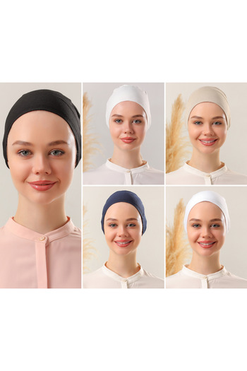 Melodi Scarf Women's Hijab Stitched Set Bonnet Black White Ecru Navy Beige 5 Pcs Binding Combed Cotton Bonnet