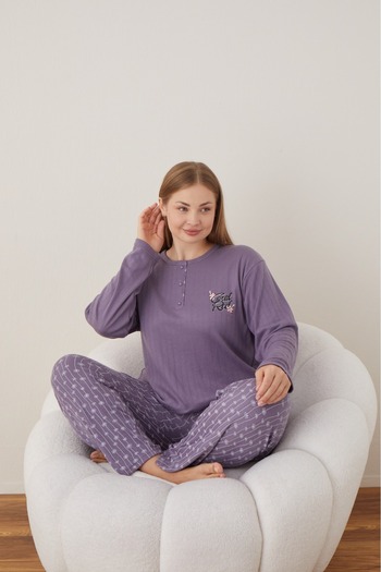 Eyfuze Women's Winter Plus Size Curve Embroidered Patterned Collar Buttoned Long Sleeve Pajama Set