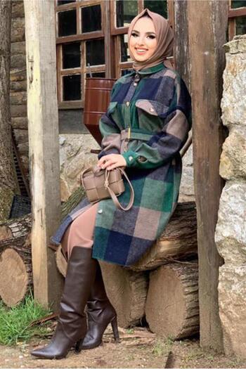 TRENDTESETTÜR Women's Green (Emerald) Plaid Belted Lumberjack Shirt 8762