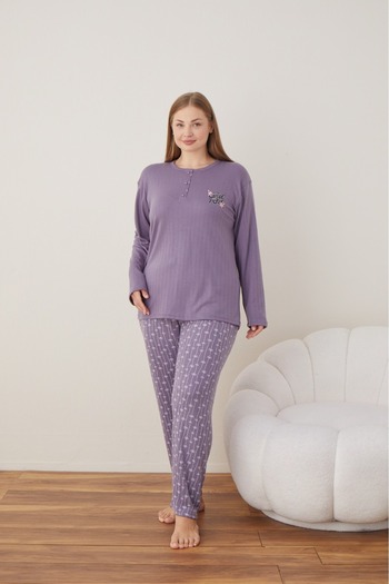 Eyfuze Women's Winter Plus Size Curve Embroidered Patterned Collar Buttoned Long Sleeve Pajama Set