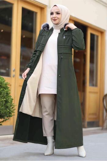 TRENDTESETTÜR Women's Khaki Gathered Waist Hooded Coat 0267