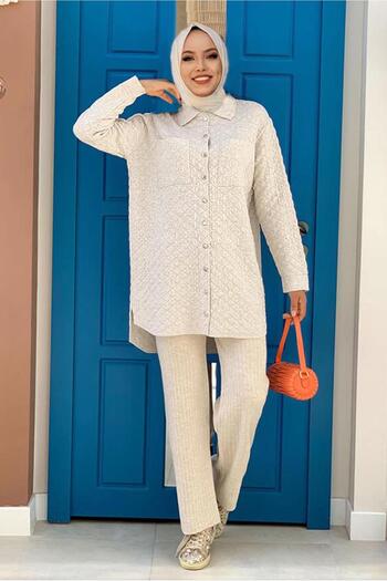 TRENDTESETTÜR Women's Beige (stone) Buttoned Quilted Tunic with Pockets 5216