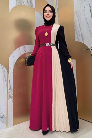 TRENDTESETTÜR Women's Fuchsia Three Color Pleated Dress T 2263