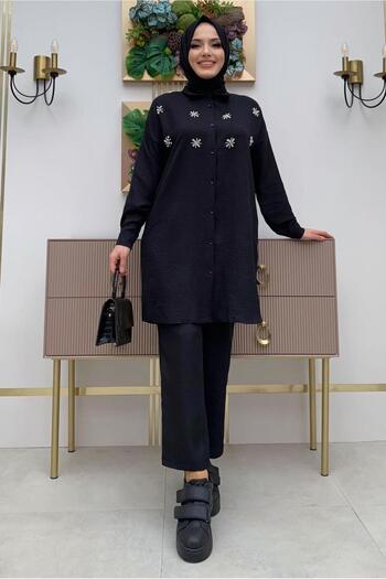 TRENDTESETTÜR Women's Black Stone Detailed Buttoned Double Pants Suit T 4048