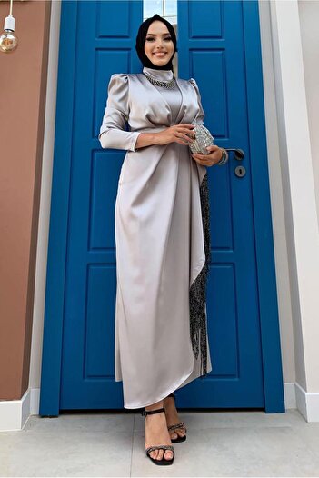 TRENDTESETTÜR Women's Gray Belted Tasseled Satin Evening Dress T 3673
