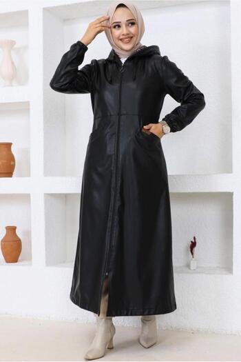 TRENDTESETTÜR WOMEN'S BLACK HOODED LEATHER CAP T 0521