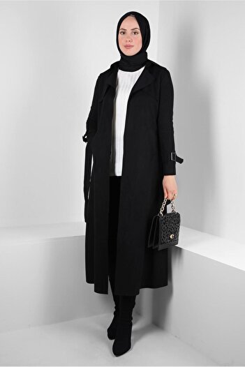 TRENDTESETTÜR WOMEN'S BLACK BELTED SUEDE TRENCH COAT T 5627