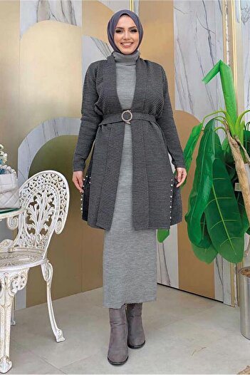 TRENDTESETTÜR WOMEN'S GRAY (SMOKED) BELLOWED KNITWEAR CARDIGAN T 5161