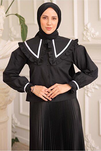 TRENDTESETTÜR WOMEN BLACK BABY COLLAR BLUZ T 6602