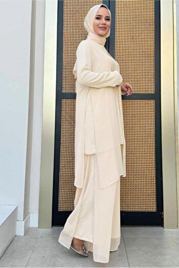 TRENDTESETTÜR Women's SeT wiTh Beige Jewelled Trousers - T 7848