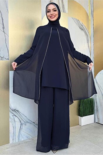 TRENDTESETTÜR navy Blue SToned Women's Trousers SeT - T 7848