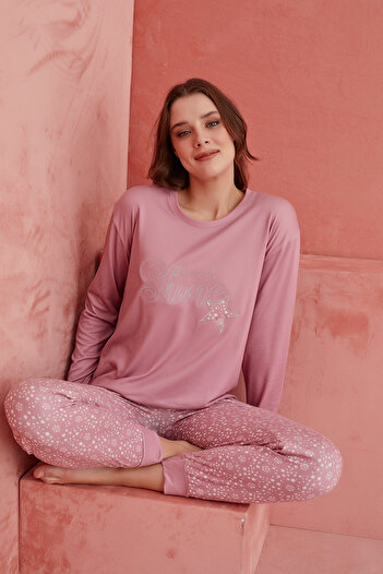 ELİTOL Pink Shine Star Pattern Luxury Thermal Women's Pajamas Set