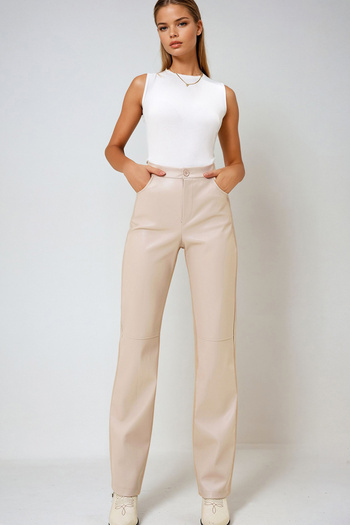 VAGGON Women's Cream Knee Stitched Pocket Faux Leather Palazzo Trousers Prm1295