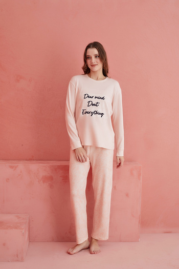 ELİTOL Somon Dear Mind Don't Everything Desenli Luxury Termal Kadın Pijama Takım