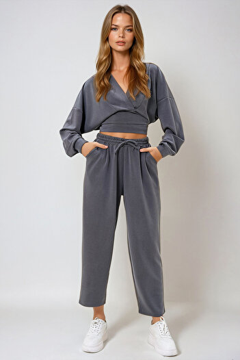 VAGGON Anthracite Double Breasted Collar Hooded Modal Set - Prm1303