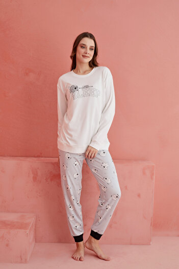 ELİTOL White Sleep Sheep Patterned Luxury Thermal Women's Pajamas Set