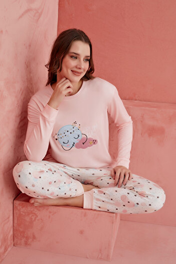 ELİTOL Salmon Dream Big Cloud Patterned Luxury Thermal Women's Pajamas Set