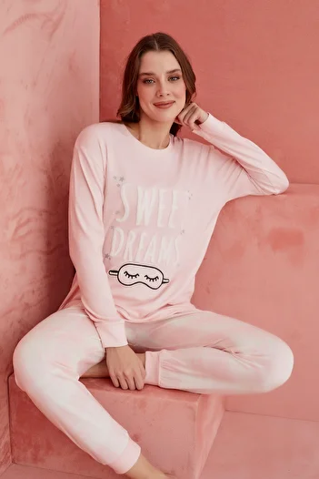 ELİTOL Pink Sweet Dreams Patterned Luxury Thermal Women's Pajamas Set