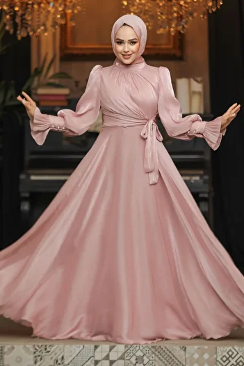 Neva Style Lacing Detailed Powder Hijab Evening Dress 48051Pd