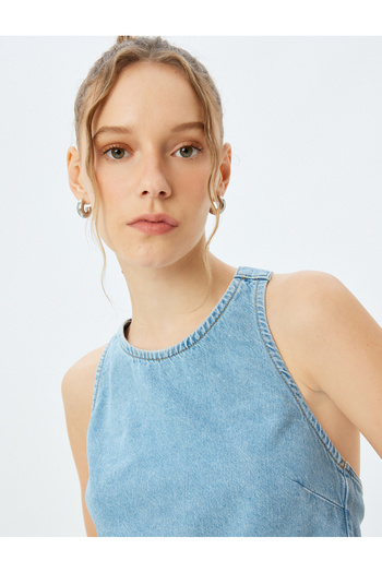 Koton Crew Neck Denim Tank Top with Crop Sleeveless Back Detail