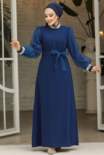 Neva Style Beaded Detailed Dark Indigo Blue Hijab Evening Dress 4576Km