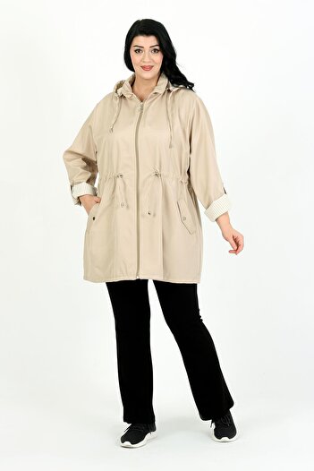 By Alba Collection Women's Ecru Striped Lined Large Size Trench Coat