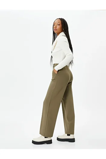 Koton Wide Leg Fabric Trousers High Waist Comfortable Fit Rib Detailed Pockets