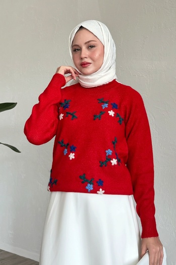 InStyle Red Floral Embroidered Soft Sweater
