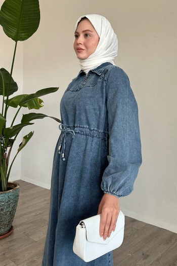 InStyle Tünel Kemerli Fermuarlı Mavi Kot Elbise