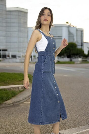 yagmurberen ROCHIE DE DENIM SALOPET CU BUTONE METALICE FĂRĂ mâneci, cu bretele reglabile