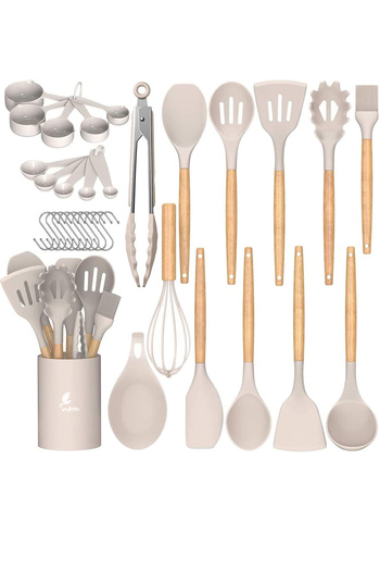 valletta Vanilla Colored 33-Piece Heat-Resistant Silicone Spatula Kitchen Set - Fireproof Non-Stick