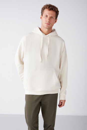 GRIMELANGE Steve Herren-Sweatshirt aus Soft-Light-Stoff mit Kordel, Übergröße, Kapuze, Kängurutasche, Ecru